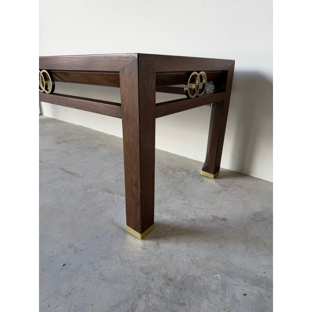 Brown Hollywood Regency Michael Taylor for Baker Far East Collection Walnut Bench / Coffee Table With Brass Accents For Sale - Image 8 of 13