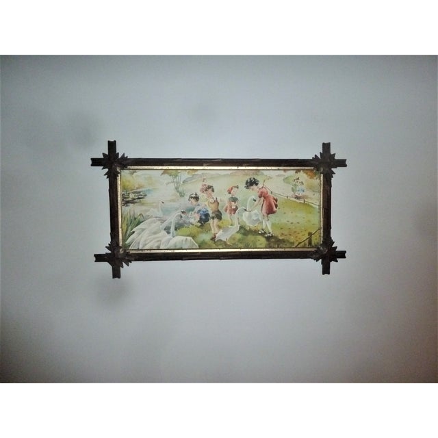 Late 20th Century Adirondack Maple Leaf Wood Tramp Art Framed Figurative Print For Sale - Image 5 of 10