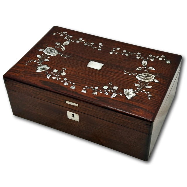 Outstanding Antique Victorian Rosewood Veneer Sewing Box With Fancy Abalone Seashell Inlay Flowers - Circa 1870s For Sale - Image 10 of 18
