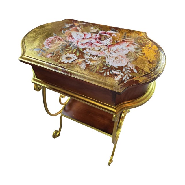 One-of-a-Kind Vintage Accent Table With 18k Gold Foil, Hand-Painted Floral & Bird Motif For Sale - Image 10 of 10