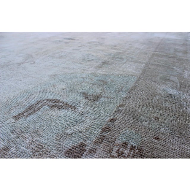 Mid 20th Century Muted Layered Medallion Vintage Turkish Oushak Rug in Taupe, Lt Blue, and Brown For Sale - Image 5 of 7