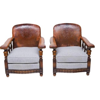 Early 20th Century Tudor Leather & Oak Chairs- a Pair For Sale