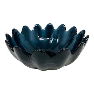 Vintage Blenko Navy Glass Scalloped Bowl For Sale