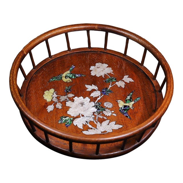 Vintage Chinese Rosewood Tea Tray | Mother-of-Pearl Inlaid Bird & Flower Motif For Sale