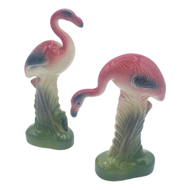 Pair of Mid 20th Century Matching Miniature Pink Flamingo Ceramic Tabletop Figure Statues For Sale