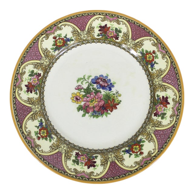 1930’s Johnson Bros Pareek Jefferson Rose Pink and Yellow Floral Dinner Plate With Orange Edge 10.5” Plate For Sale