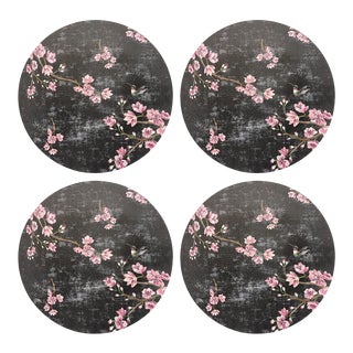 Blossom Fantasia Black Pink, 16" Round Pebble Placemats, Set of 4 For Sale