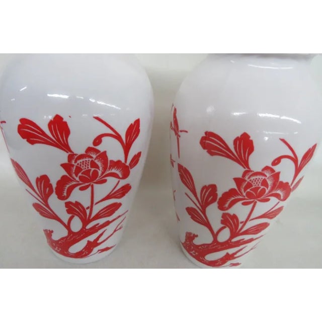 Anchor Hocking Red Birds Cherry Blossoms Milk Glass Vases a Pair For Sale - Image 9 of 11