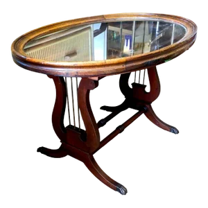 1940s American Empire Mahogany Oval Lyre Base Glass Topped Butler Tray Table