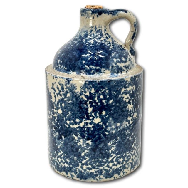 Very Rare Antique American 1 Gallon Size Blue Spongeware Decorated Stoneware Spirits Jug - Circa 1900 For Sale - Image 10 of 12