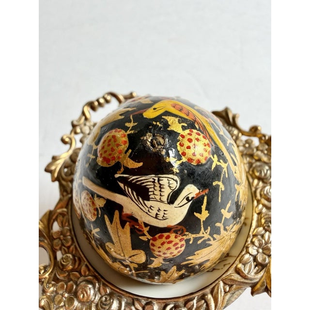 Lovely Vintage Egg w/Painted Enamel Birds In Porcelain Dish & Brass Cherub Stand For Sale - Image 12 of 17