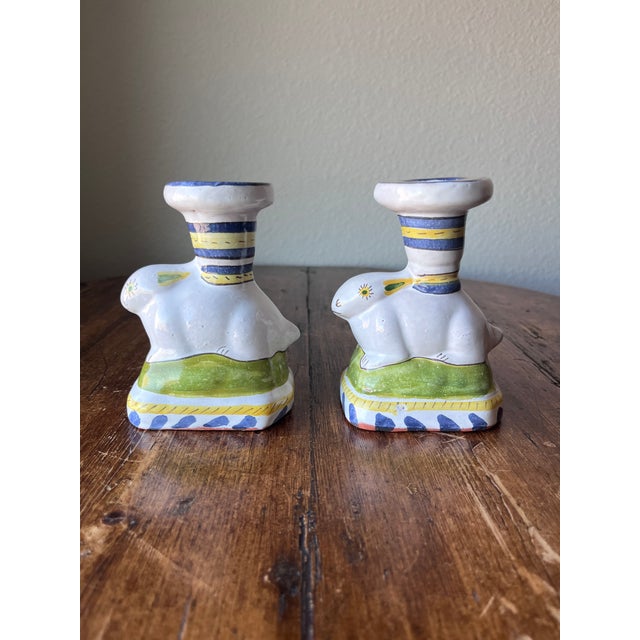 Hand painted Bunny Rabbit Terracotta Candlestick Holder Set of 2 Made in Portugal 3.75” width, 2.75” depth and 5” height 1...
