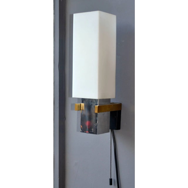 Italian Brass, Chrome Plating, and Opaline Glass Sconces, 1960s, Set of 2 For Sale - Image 6 of 8