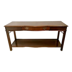 1970s Vintage Bassett Sofa Console Table Drawer Bottom Shelf Chinese Chippendale