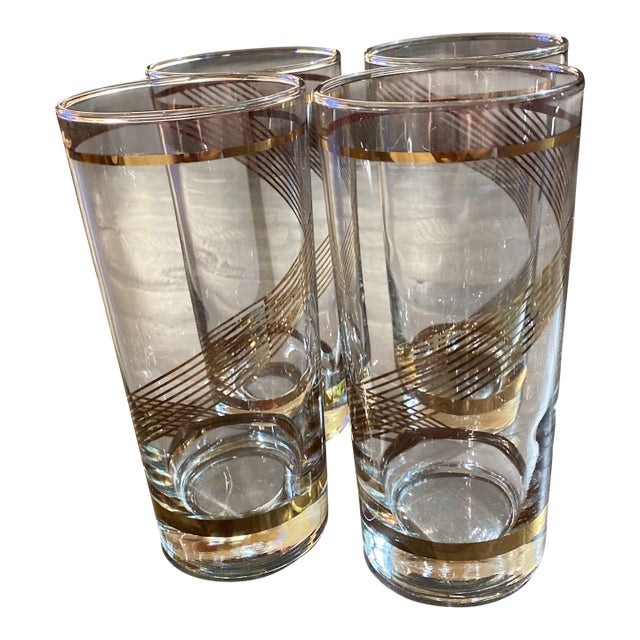 Mid Century Libbey Gold Swirl Dining Water Highball Glasses- Set of 4 For Sale