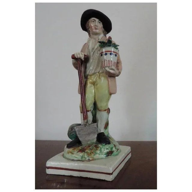 Neoclassical Antique 18th Century Staffordshire Pearlware Figure of a Gardener For Sale - Image 3 of 11