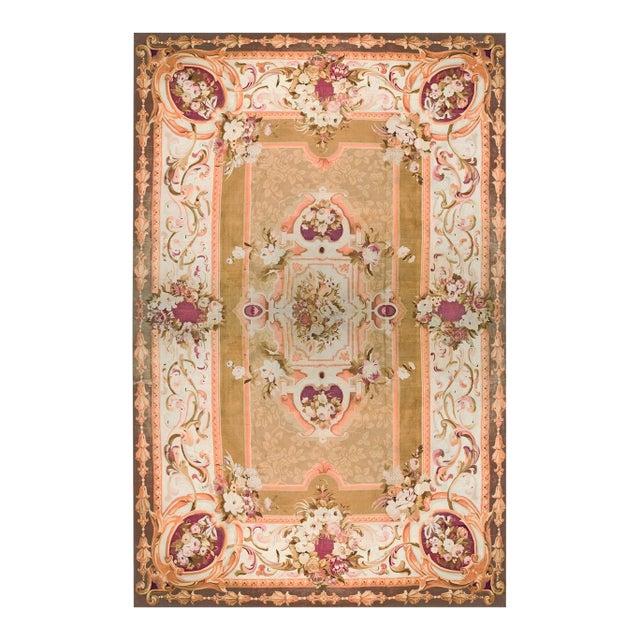 1870s Green White Medallion Antique French Aubusson Rug 15'6" X 22' Handmade Wool Carpet For Sale