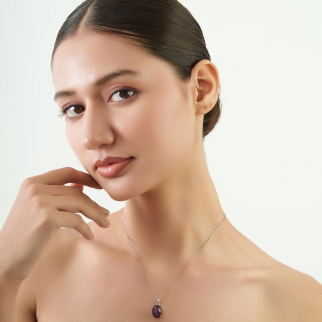 Mid Century Modern Inspired 12.53 Ct Natural Oval Star Ruby Solitaire Pendant in 925 Silver For Sale - Image 6 of 12