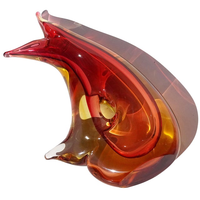 Glass Vintage Murano Abstract Sommerso Red Yellow Orange Italian Midcentury Art Glass Flower Vase For Sale - Image 7 of 8
