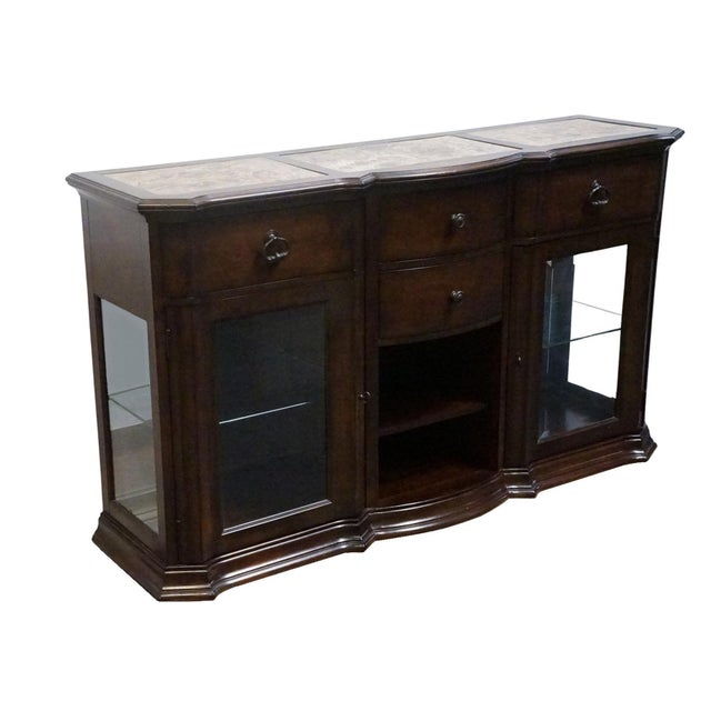 American Signature Cherry Contemporary Traditional 66" Display Console / Media Cabinet W. Paneled Granite Top 8155-320 For Sale - Image 4 of 15