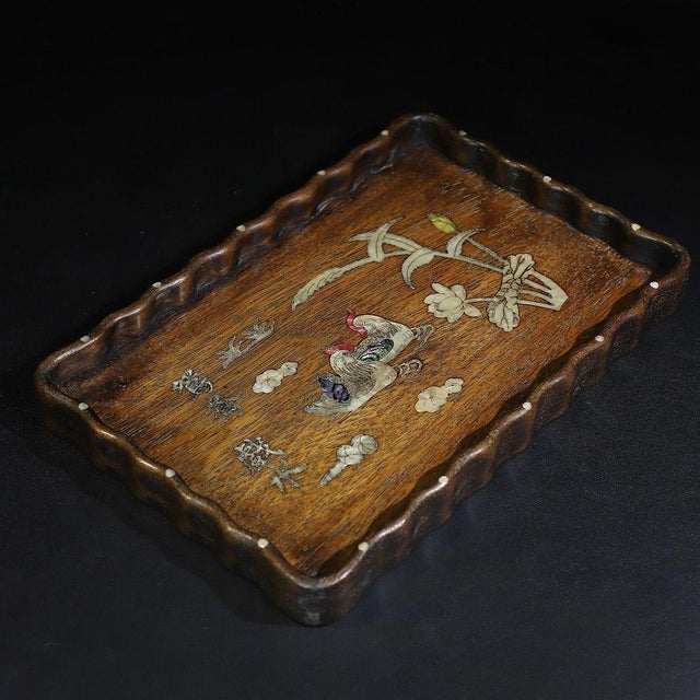 A beautifully crafted Chinese rectangular tray or display stand, likely made of Huali (rosewood). The tray features a...