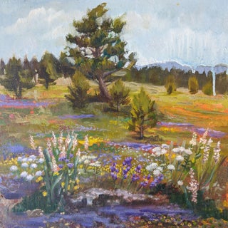 Landscape II by Caitlin Hurd | Oil on board depicting a colorful field with flowers and trees. For Sale