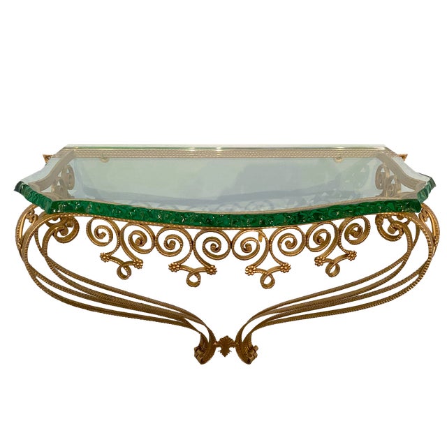 Mid-Century Italian Green Crystal Gold Iron Console Table by Pier Luigi Colli, 1950 For Sale