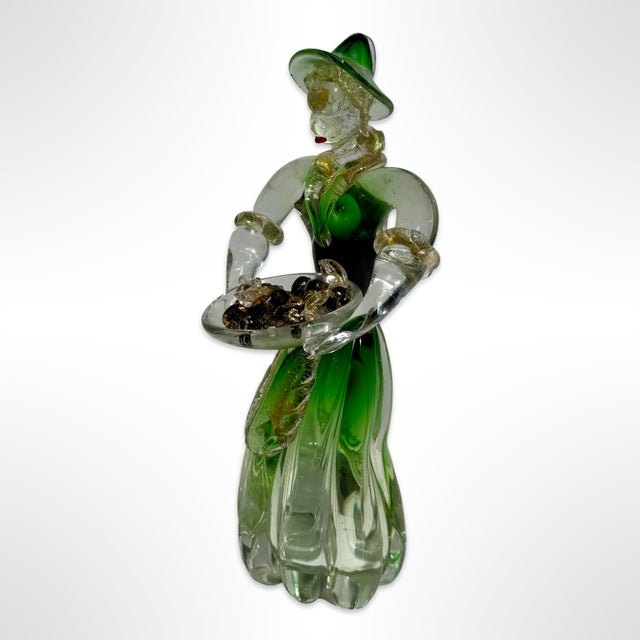 Vintage Italian Murano Glass Lady Peasant Figurine – Hand-Blown Mid-Century Venetian Green Art Glass For Sale - Image 4 of 9