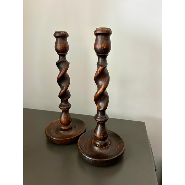 Vintage Pair English Oak Barley Twist Candlesticks – Pair of Antique Wooden Candle Holders For Sale - Image 4 of 9