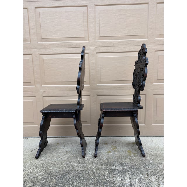 Pair of Italian Renaissance Revival Carved Walnut Hall Chairs For Sale - Image 13 of 14