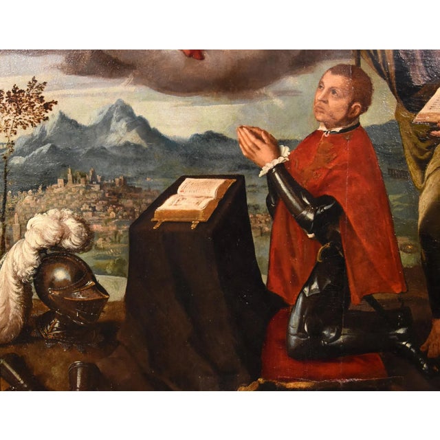 16th Century Workshop of Ippolito Scarsella / Lo Scarsellino, Madonna and Child with Saint James, 1590, Oil on Board For Sale - Image 5 of 18