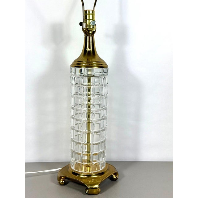 Large Signed Dresden Hand Cut Block Crystal and Brass Table Lamp 31 Inch Hollywood Regency For Sale In Portland, ME - Image 6 of 14