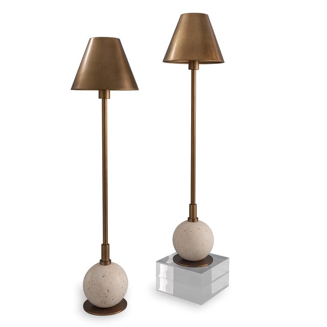 Boston is our modern buffet lamps featuring a solid natural cream marble ball base with accents of aged brass metal...