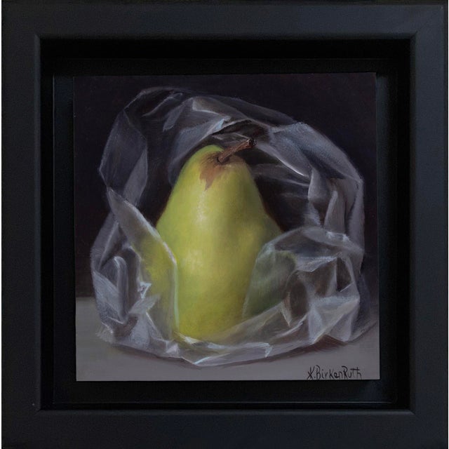 Pear Wrapped in Plastic by Kelly Birkenruth | Oil on Panel of a pear in plastic wrap For Sale - Image 4 of 5