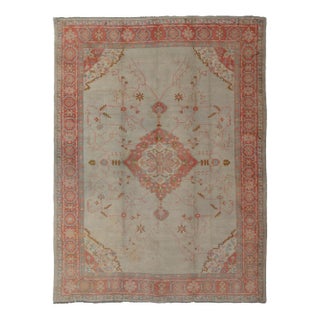 Large Antique Oushak Rug in Taupe / Light Green Background and Coral Border 13'4"x18'0" For Sale