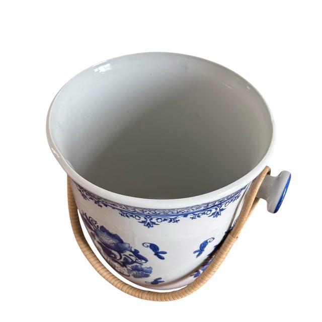 Ceramic Floral Blue White Chinoiserie Champagne Bucket With Rattan Handles For Sale In Chicago - Image 6 of 6