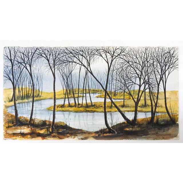 Late 20th century wetlands landscape watercolor on paper, unsigned. Unframed, age toning, adhesiver remains on verso.