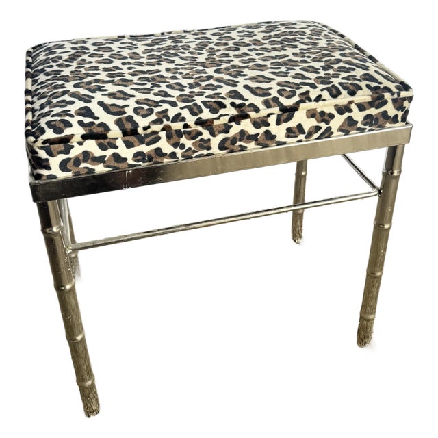 Mid Century Modern Faux Bamboo Chrome Leopard Print Low Stool For Sale