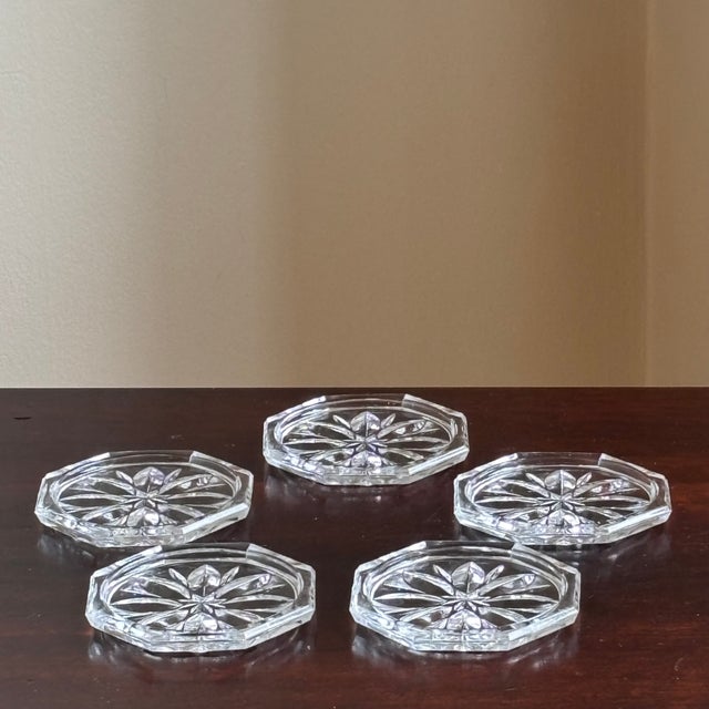Glass Vintage Mid-20th Century Pressed Glass Starburst Coasters – Set of Five For Sale - Image 7 of 8