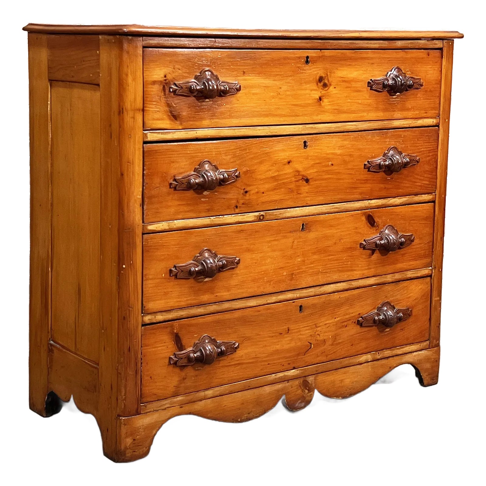 Antique 19th C. Cottage Pine 4 Drawer Dresser / Chest With Walnut Carved Pulls