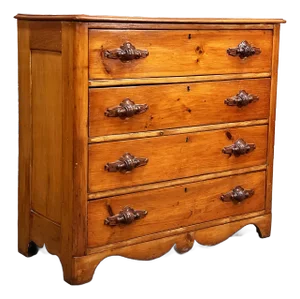 Antique 19th C. Cottage Pine 4 Drawer Dresser / Chest With Walnut Carved Pulls