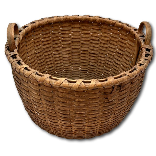 1910s Outstanding Large Size Antique American Hand Woven Ash Wood Splint Maine Apple Farm Harvest Basket For Sale - Image 5 of 18