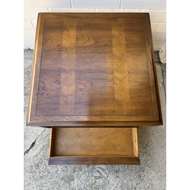 Wood 1960s Hekman Walnut End Table With Parquet Patterned Top and Two Lower Drawers and Brass Hardware For Sale - Image 7 of 7