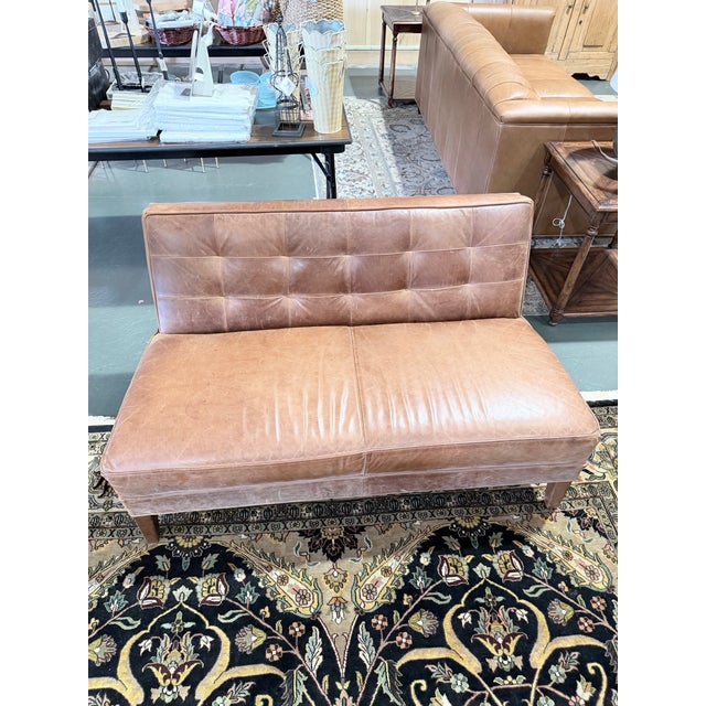 Animal Skin Mitchell Gold + Bob Williams Tufted Brown Leather Bench Settee For Sale - Image 7 of 9
