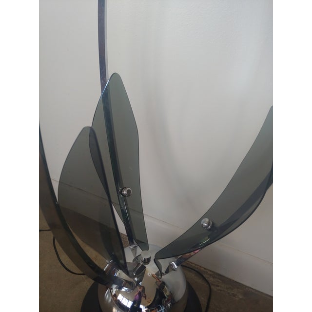 1970s Vintage Modern Chrome Ball Base and Smoked Lucite Tall 3 Arm Lamp With Crystal Light Shades For Sale - Image 5 of 12