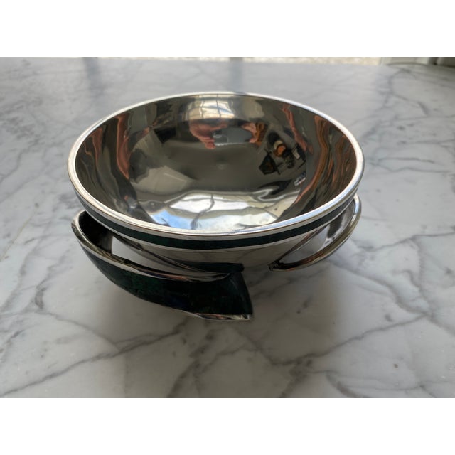 1970s Mid Century Modern Castillo Taxco Abstract Fish Footed Siver Plated Bowl With Malachite & Azurite Inlay For Sale - Image 12 of 14