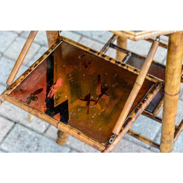 French Tiger Bamboo Chinoiserie Tea Table With Folding Shelves For Sale In West Palm - Image 6 of 11