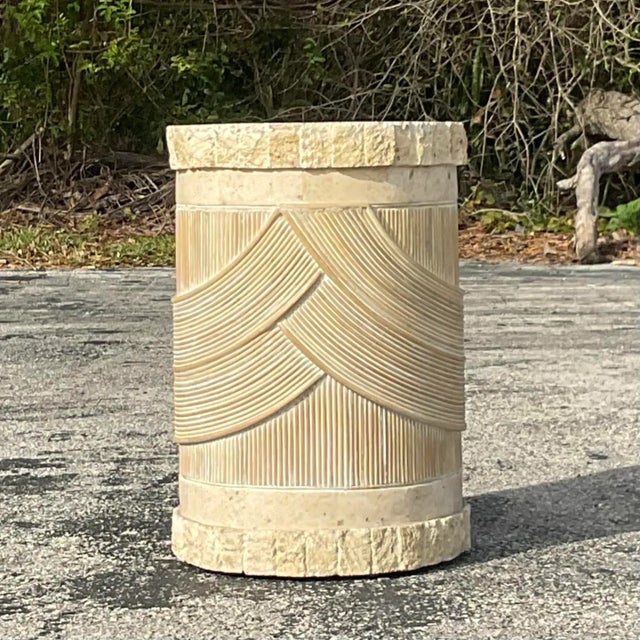 Late 20th Century Vintage Washed Pencil Reed & Tessellated Stone Pedestal For Sale - Image 4 of 5