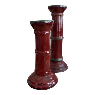 Set of Two Mid 19th Century Chinese Bamboo Form Candlestick Holders For Sale