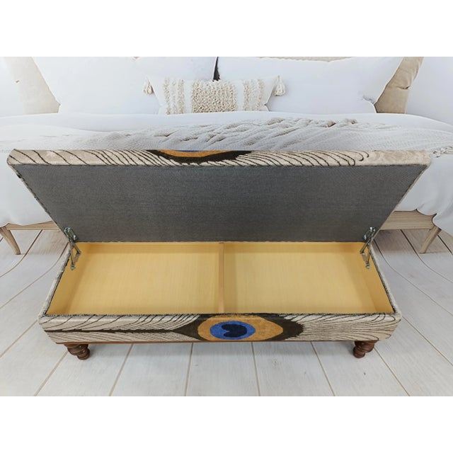 Modern Evil Eye Peacock Feather Rug Printed Fabric Upholstered Storage Bench For Sale - Image 3 of 9